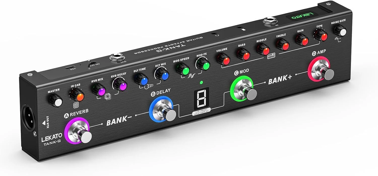 پدال گیتار مولتی افکت LEKATO، 36 پریست قابل ویرایش، کر، دیلی، ریورب، MOD، لود IR، ضبط، تیونر، باتری داخلی، اتصال BT (گیتار الکتریک)