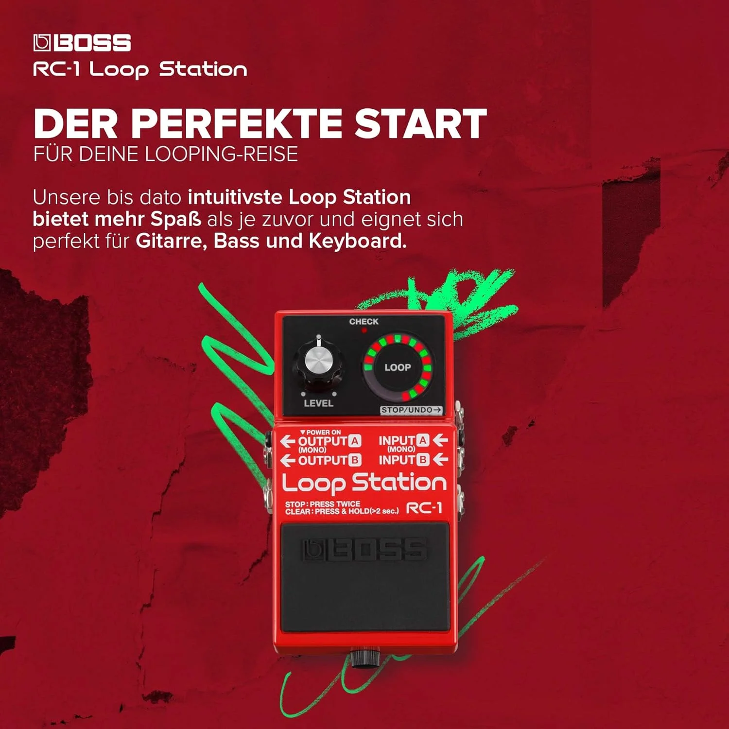 پدال لوپ استیشن BOSS RC-1 | لوپر ساده برای گیتار، باس، کیبورد و غیره | نمایشگر LED با 24 بخش | 12 دقیقه زمان ضبط | ضبط، پخش، اوردآب، آندو/ریدو لوپ
