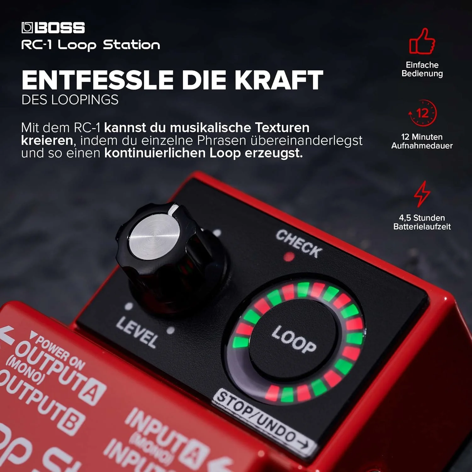 پدال لوپ استیشن BOSS RC-1 | لوپر ساده برای گیتار، باس، کیبورد و غیره | نمایشگر LED با 24 بخش | 12 دقیقه زمان ضبط | ضبط، پخش، اوردآب، آندو/ریدو لوپ