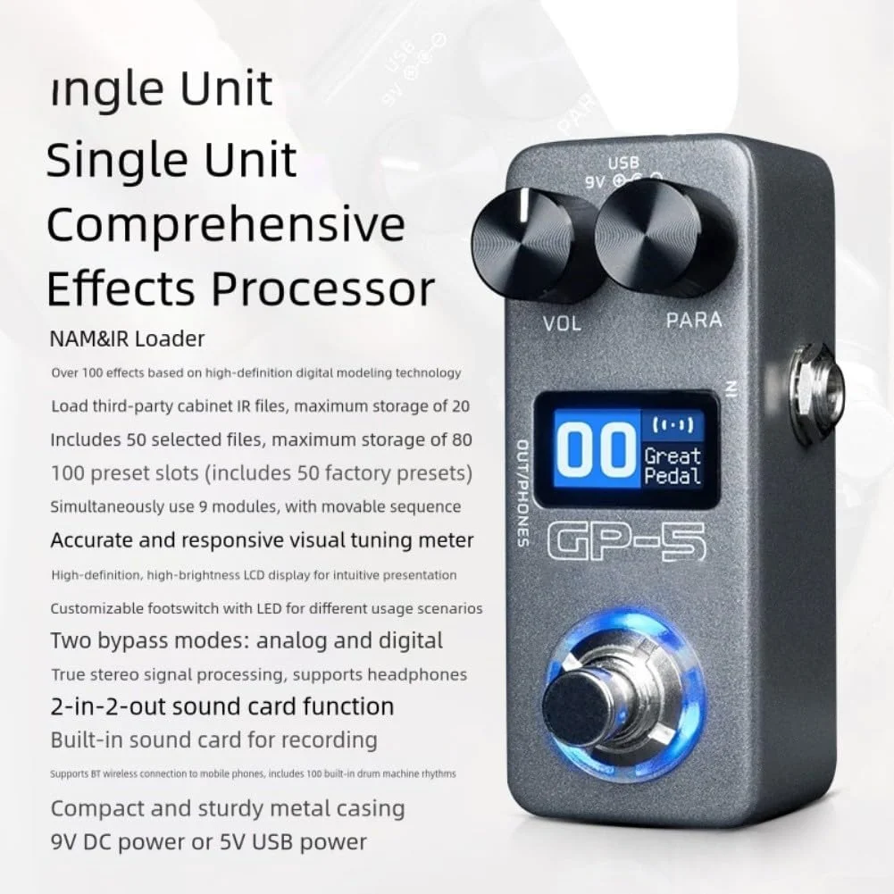 پردازشگر چند افکتی برای گیتار الکتریک با کارت صدای یکپارچه و ماشین درام، شبیه سازی، جنس ABS فشرده، 9.3 x 4.2 x 5.2 سانتی متر، طراحی خاکستری، DC، USB، بی سیم، Audio T