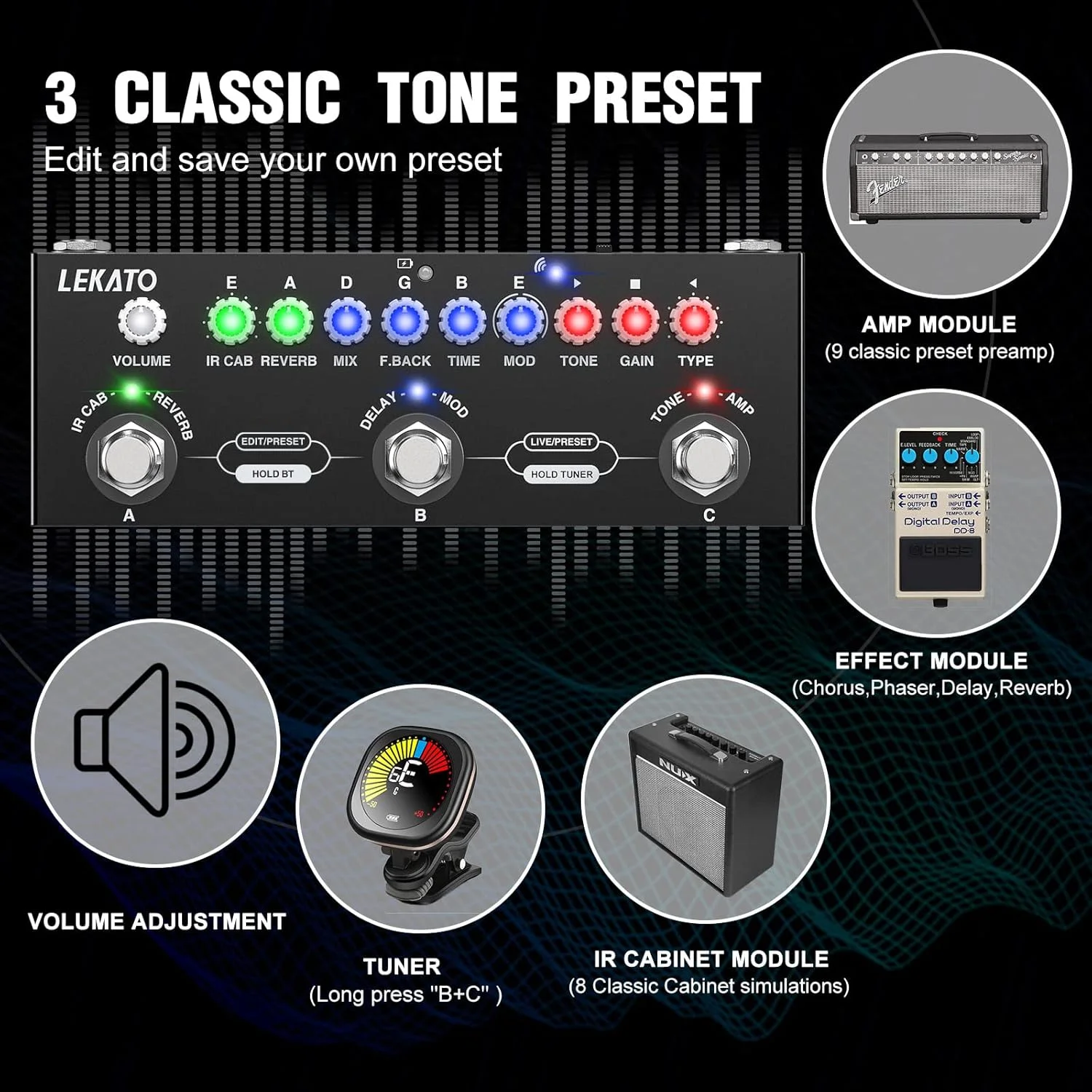 مولتی افکت گیتار LEKATO با قابلیت IR-Loading، ۹ مدل آمپلیفایر، دیلی/ریورب/فاز/کورس/دیستورشن/اوردرایو، پدال مولتی افکت گیتار با قابلیت ضبط و بلوتوث ۵.۰ مولتی افکت گیتار LEKATO با قابلیت IR-Loading، ۹ مدل آمپلیفایر، دیلی/ریورب/فاز/کورس/دیستورشن/اوردرایو، پدال مولتی افکت گیتار با قابلیت ضبط و بلوتوث ۵.۰