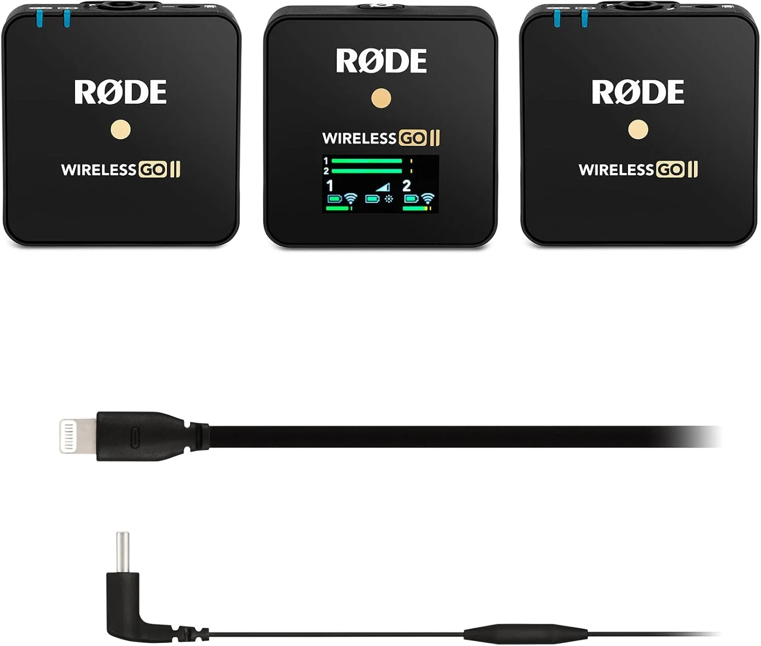 سیستم میکروفون بی‌سیم دو کاناله فوق‌العاده فشرده RØDE Wireless GO II + کابل لایتنینگ USB-C مدل SC15 (300 میلی‌متر - سازگار با iOS) برای فیلمبرداری، مصاحبه و تولید محتوا