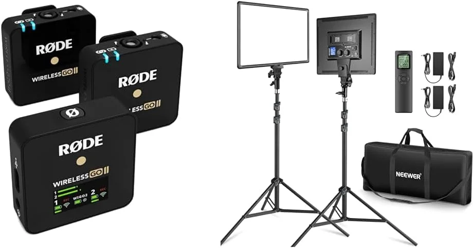 سیستم میکروفون دو کاناله بی سیم فوق العاده جمع و جور RØDE Wireless GO II و مجموعه پنل نور ویدئویی LED نیوور 18 اینچی، نور استریمینگ با 2 عدد نور دو رنگه 45 واتی دیمر پذیر