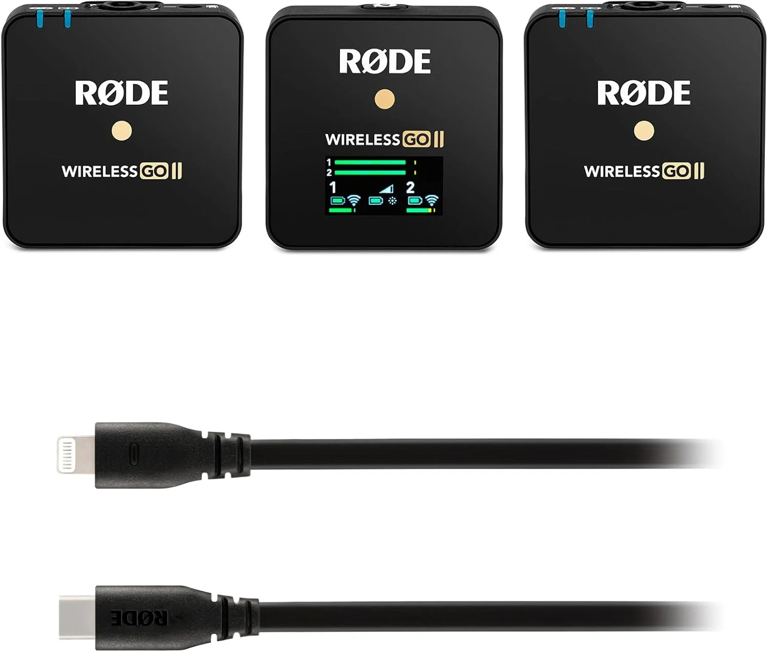سیستم میکروفون بی‌سیم دو کاناله فوق‌العاده فشرده RØDE Wireless GO II + کابل لایتنینگ USB-C مدل SC19 (1.5 متری - سازگار با iOS) برای فیلمبرداری، مصاحبه و تولید محتوا