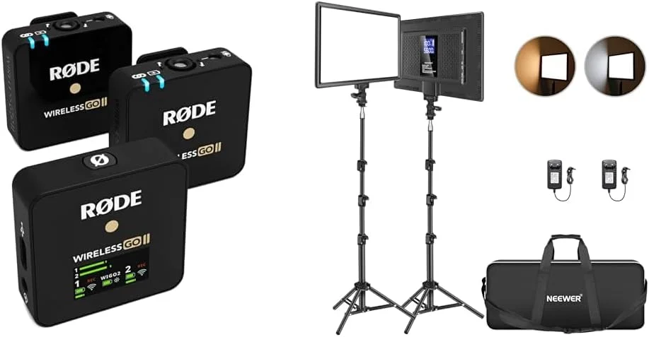 سیستم میکروفون بی‌سیم دو کاناله فوق‌العاده فشرده RØDE Wireless GO II و مجموعه پنل نور ویدئویی LED نیوئر 13 اینچی با سه‌پایه