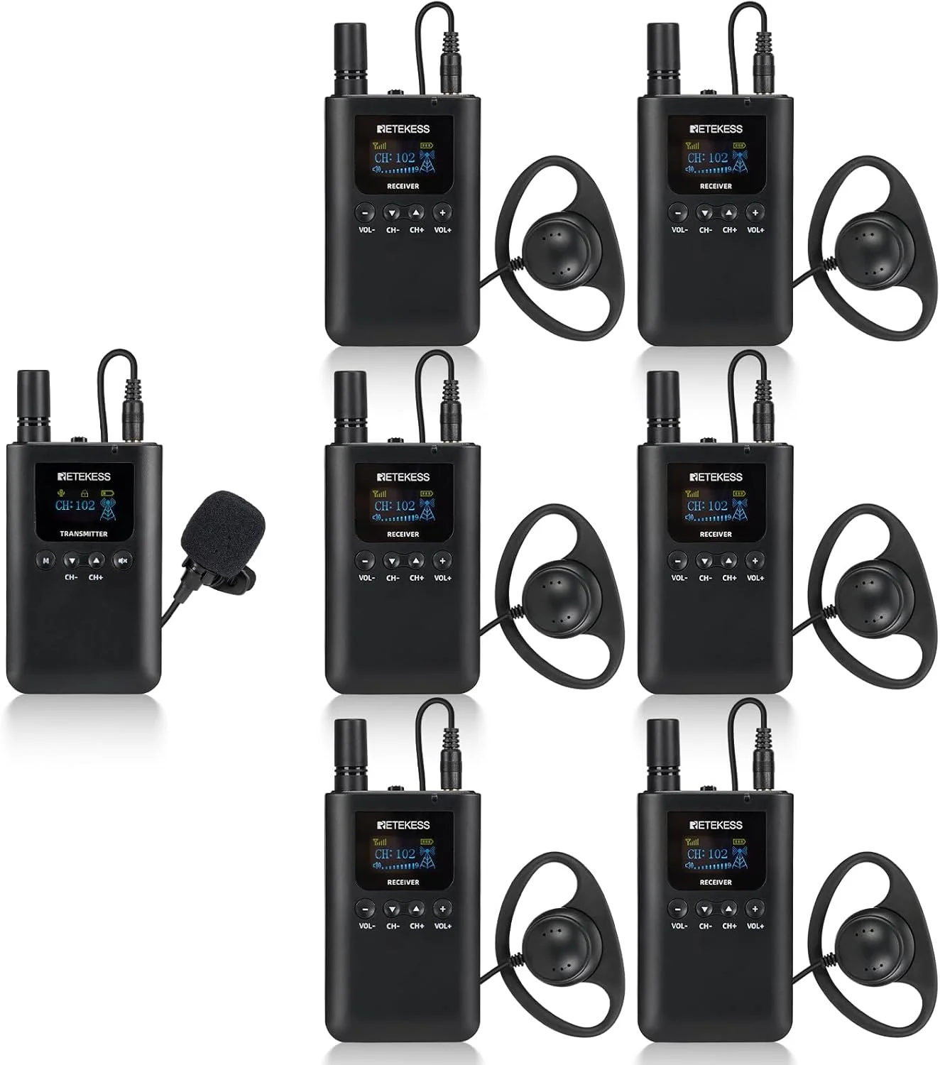 سیستم راهنمای تور بی‌سیم Retekess TT125، سیستم راهنمای تور صوتی، هدست راهنمای تور، 150 متر برد، 100 ساعت عمر باتری طولانی، شارژ نوع C برای گردشگری، تورهای کارخانه، کنفرانس‌ها، آموزش