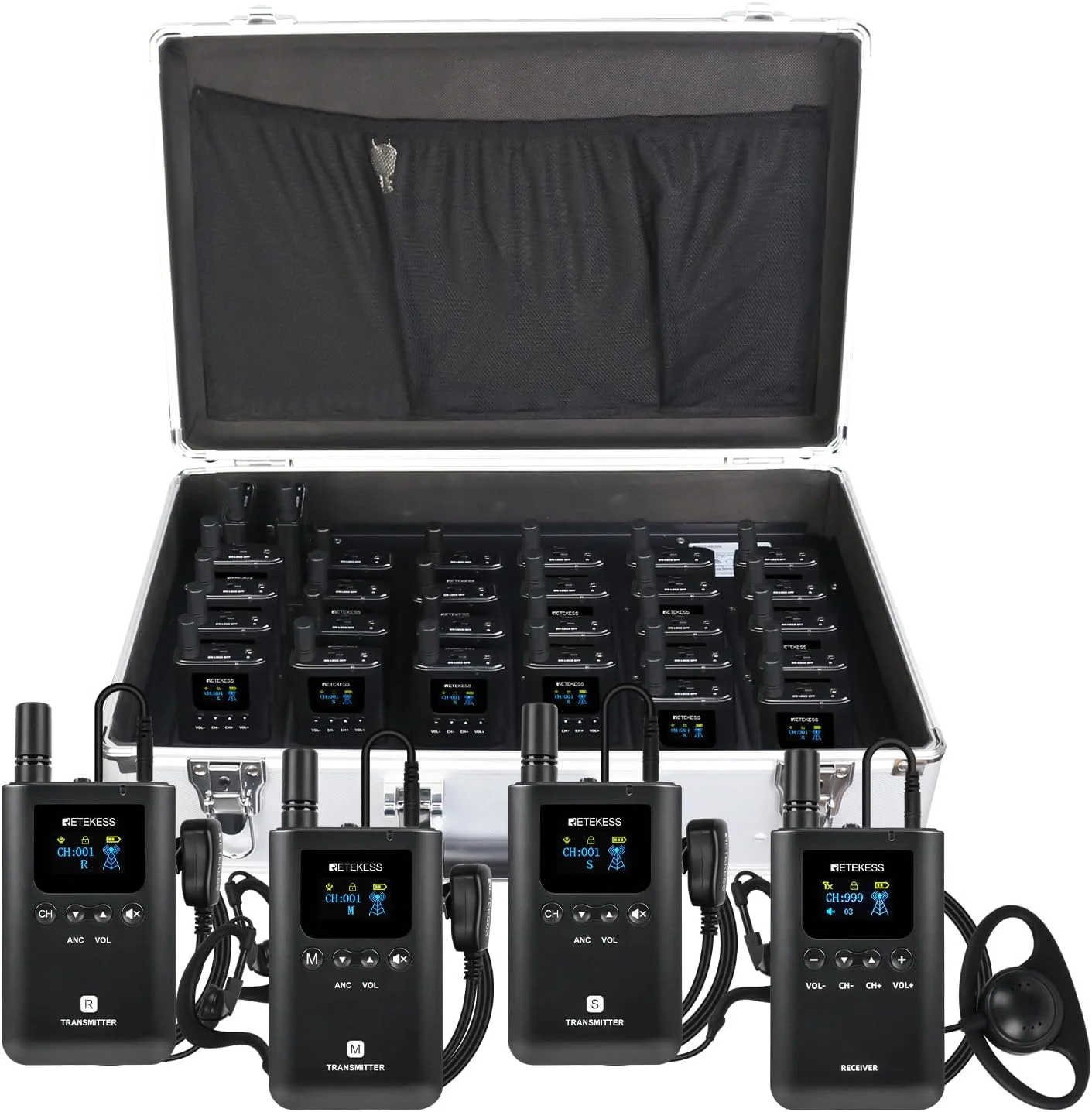 هدست های سیستم راهنمای تور Retekess TT129، سیستم ارتباطی بی سیم فول دوبلکس، عملکرد تک دکمه ای، 999 کانال، با 32 اسلات و جعبه شارژ قابل حمل برای سفر (3 فرستنده 29 گیرنده)