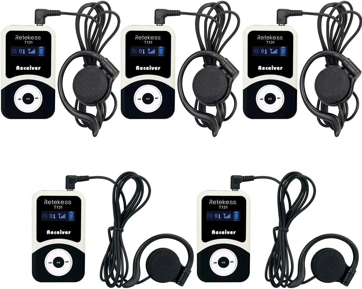 سیستم راهنمای تور Retekess T131، گیرنده سازگار با سیستم راهنمای صوتی بی سیم T130، میکروفون راهنمای تور برای گردشگران کارخانه، دانشگاه، لجستیک، جلسات (بسته 5 عددی)