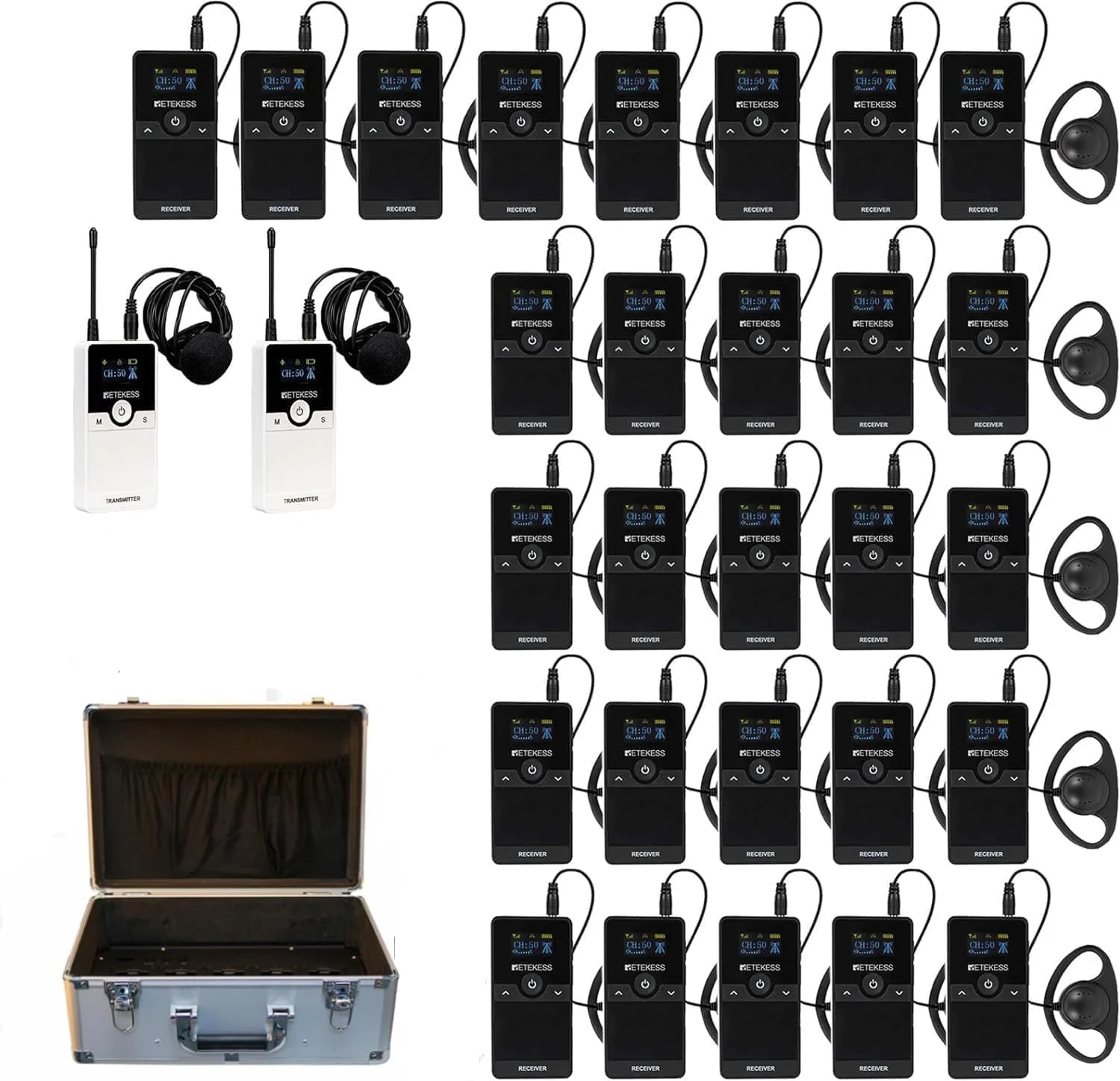 سیستم راهنمای تور بی‌سیم Retekess TT116، سیستم راهنمای سفر بی‌سیم 200 متری، سیستم راهنمای صوتی، با کیف شارژ قابل حمل با 30 اسلات، برای گشت و گذار، کارخانه، کنفرانس، کلیسا