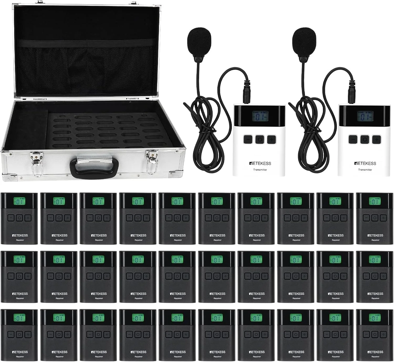 سیستم راهنمای تور Retekess TT122، سیستم راهنمای تور صوتی بی سیم 150 متری با 36 کانال، همراه با جعبه شارژ 32 اسلات TT015 برای کارخانه، کنفرانس، گردشگری، انبار (2 فرستنده 30 گیرنده)