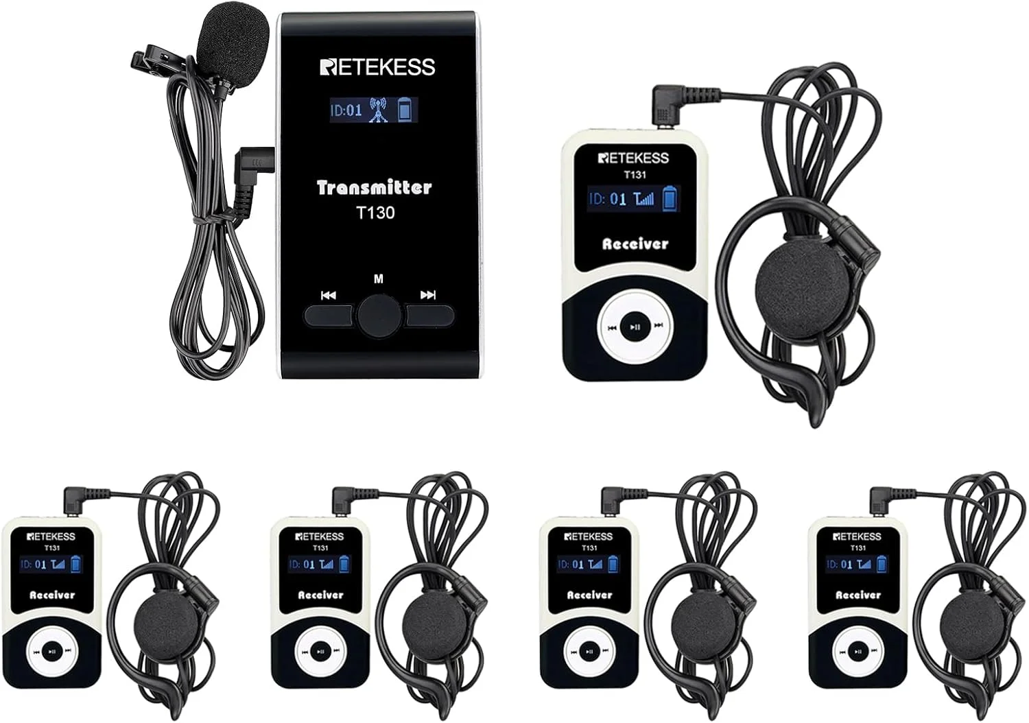 سیستم راهنمای تور بی‌سیم Retekess T130-T131، مجموعه راهنمای تور قابل حمل با هدست، میکروفون راهنمای تور، آماده به کار 12 ساعته، 60 متر، سیستم تفسیر صوتی برای آموزش اسب سواری (1 فرستنده 5 گیرنده)