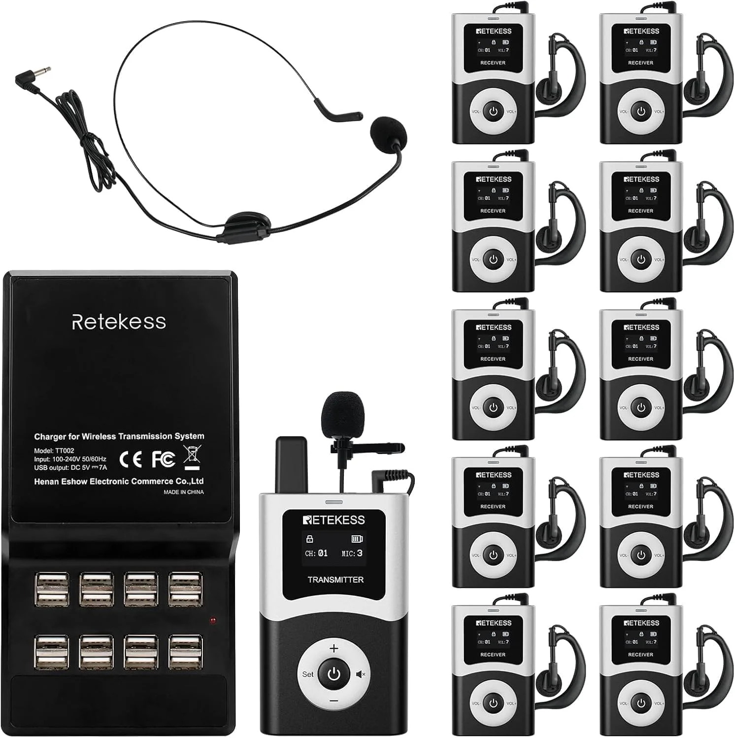 مجموعه سیستم راهنمای صوتی Retekess T130U (T130 4rd)، سیستم راهنمای تور بی سیم، 200 متر، 16 پورت شارژ USB، فرستنده با بلوتوث، عملکرد تک دکمه ای، برای موزه ها، تورهای کارخانه و کلیساها