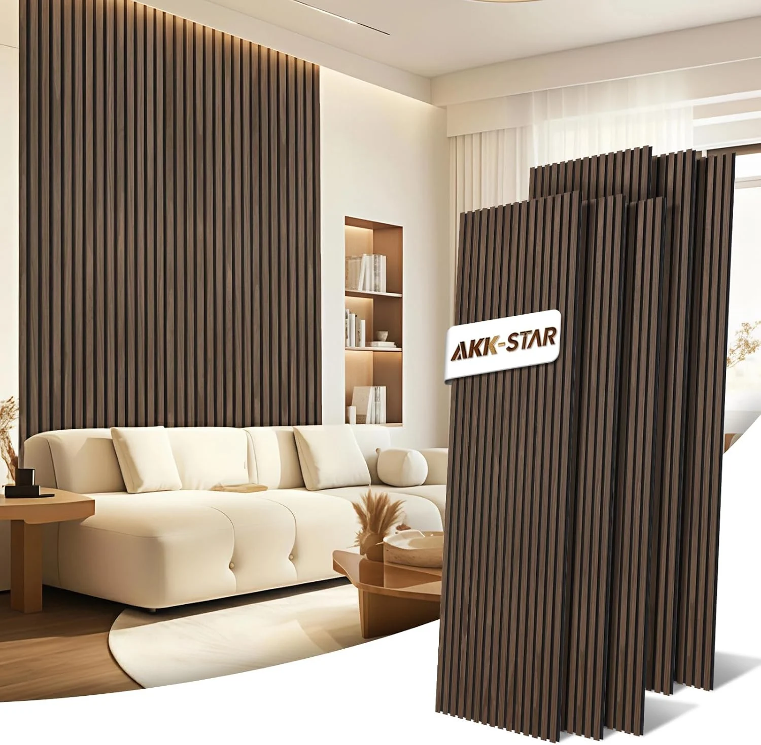 پنل های آکوستیک چوبی AKK-STAR - 8.64 متر مربع (6 عدد 240x60 سانتی متر) | عایق صدا، بهبود آکوستیک برای استودیوها، دفاتر، سینماهای خانگی | پنل های دیواری چوبی و دکوراسیون دیوار (گردوی سیاه 11#)