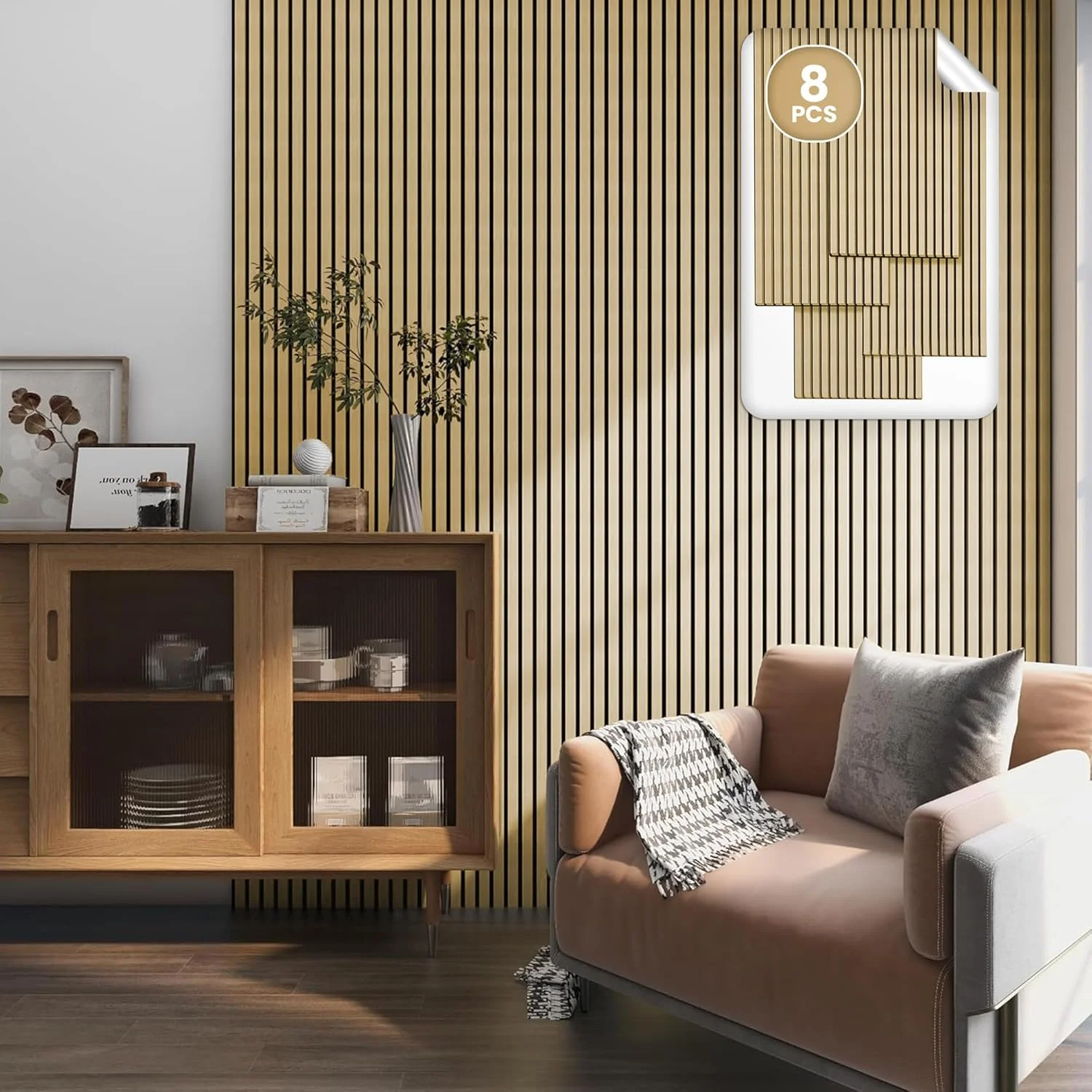 پنل های دیواری آکوستیک NEU.HOLZ مدل Vang، ست 8 عددی، روکش چوبی برای چسباندن و پیچ کردن، 5.76 متر مربع، پنل های سه بعدی طرح چوب بلوط، روشن