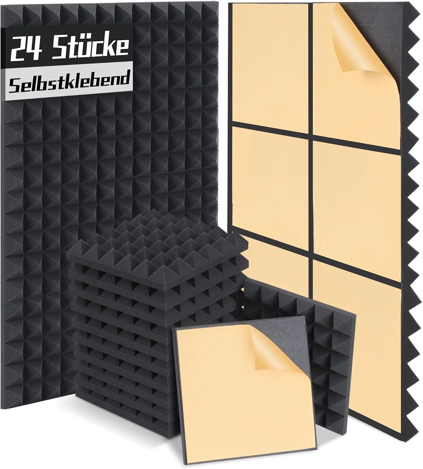 فوم آکوستیک خودچسب، پنل های آکوستیک عایق صدا 24 عدد، صفحه فوم با چگالی بالا، عایق صوتی هرمی برای استودیو ضبط، دفتر، استودیو صدا، خانه، 30 x 30 x 5 سانتی متر