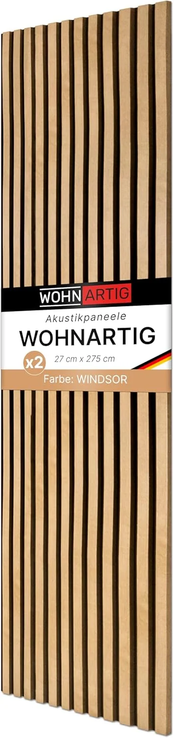 پنل آکوستیک 1.485 متر مربع - ست 275 سانتی متر در 54 سانتی متر - (ست = 2 عدد 275 سانتی متر در 27 سانتی متر) | رنگ: بلوط ویندزور 280 | روکش دیوار | پنل آکوستیک | پنل دیواری روی نمد | نمد آکوستیک