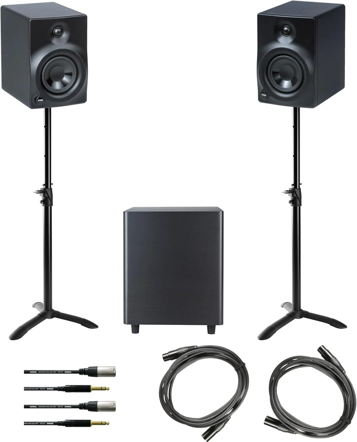ست استودیویی Fame Audio، ساب ووفر 10 اینچی، 2 مانیتور استودیویی اکتیو، 2 پایه مانیتور، 4 کابل میکروفون 3 متری، 200 وات RMS، محدوده فرکانس 30-200 هرتز، ایده آل برای کاربردهای صوتی حرفه ای