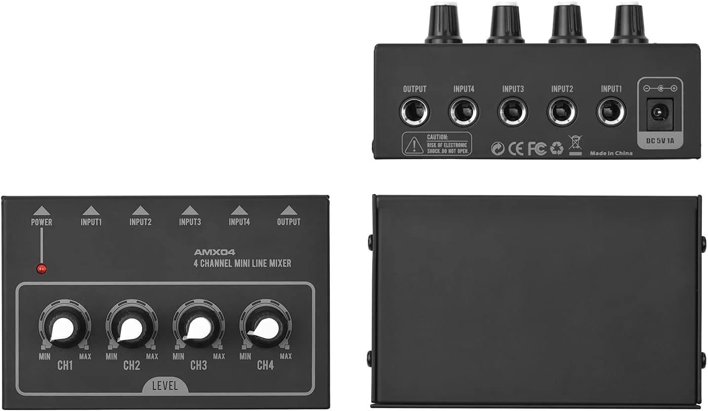 میکسر صدای استریو فوق فشرده 4 کاناله AMX04 با نویز کم برای ضبط استودیویی خانگی، پخش زنده، کارائوکه و آواز آنلاین