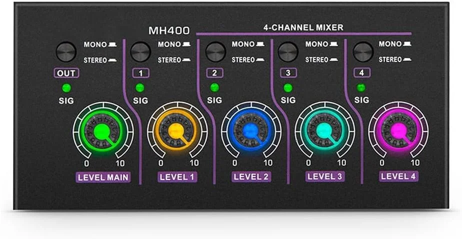 میکسر مینی 4 کانال MH400 با نویز بسیار کم، میکسر استریو مینی، دستگاه خروجی میکسر، میکسر گیتار، دوشاخه EU
