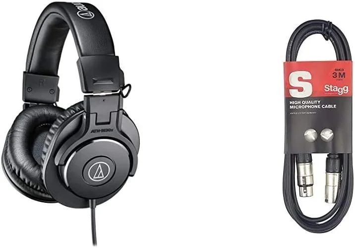 هدفون استودیویی Audio-Technica ATH-M30X DJ و کابل میکروفون 3 متری Stagg - 1x XLR نر - 1x XLR ماده، مشکی