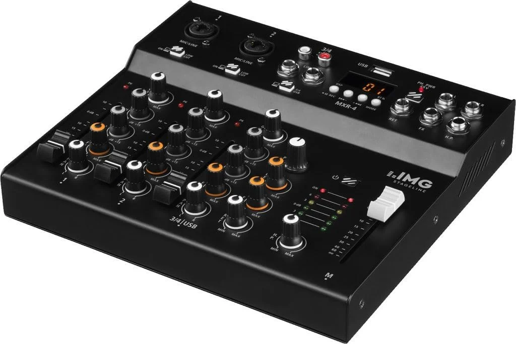 میکسر صوتی 4 کاناله IMG 200250 STAGELINE MXR-4 با پخش کننده MP3 داخلی، گیرنده بلوتوث و واحد افکت DSP، کنسول صوتی با 2 کانال ورودی مونو با کنترل Gain، میکسر در رنگ مشکی