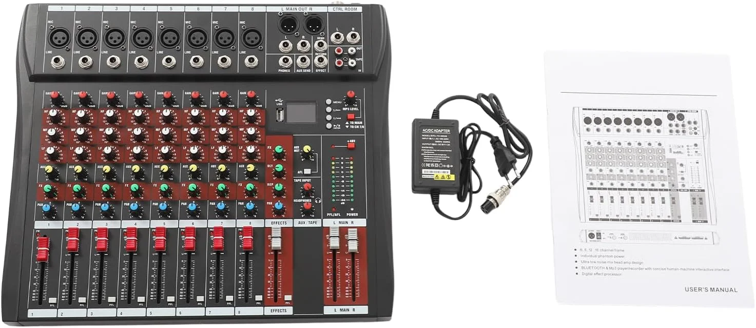 میکسر صوتی بلوتوث 8 کاناله - میکسر جمع و جور با EQ، فانتوم پاور 48 ولت و 6 حالت صدا - میکسر DJ برای استودیو، اجراهای زنده، پادکست (مشکی)