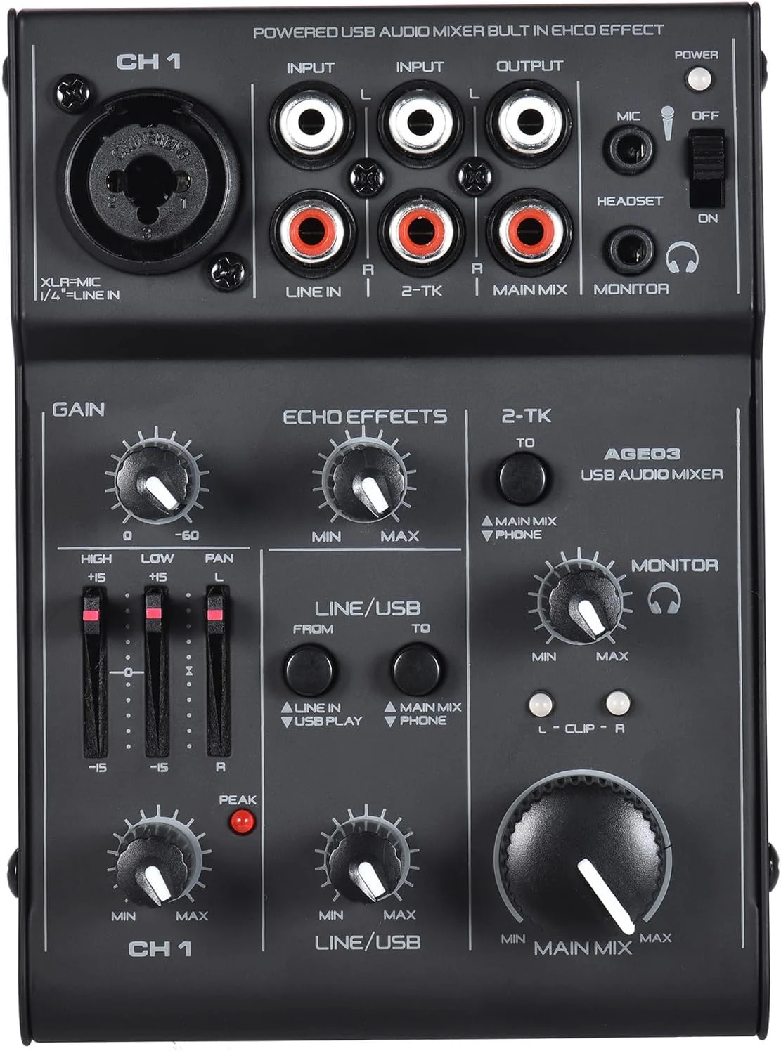 میکسر صوتی 5 کاناله مینی Mic-Line AGE03 با رابط USB و افکت اکو داخلی، شبکه DJ تقویت شده USB برای ضبط، پخش زنده و کارائوکه میکسر صوتی 5 کاناله مینی Mic-Line AGE03 با رابط USB و افکت اکو داخلی، شبکه DJ تقویت شده USB برای ضبط، پخش زنده و کارائوکه