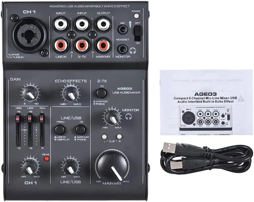 میکسر صوتی 5 کاناله مینی Mic-Line AGE03 با رابط USB و افکت اکو داخلی، شبکه DJ تقویت شده USB برای ضبط، پخش زنده و کارائوکه