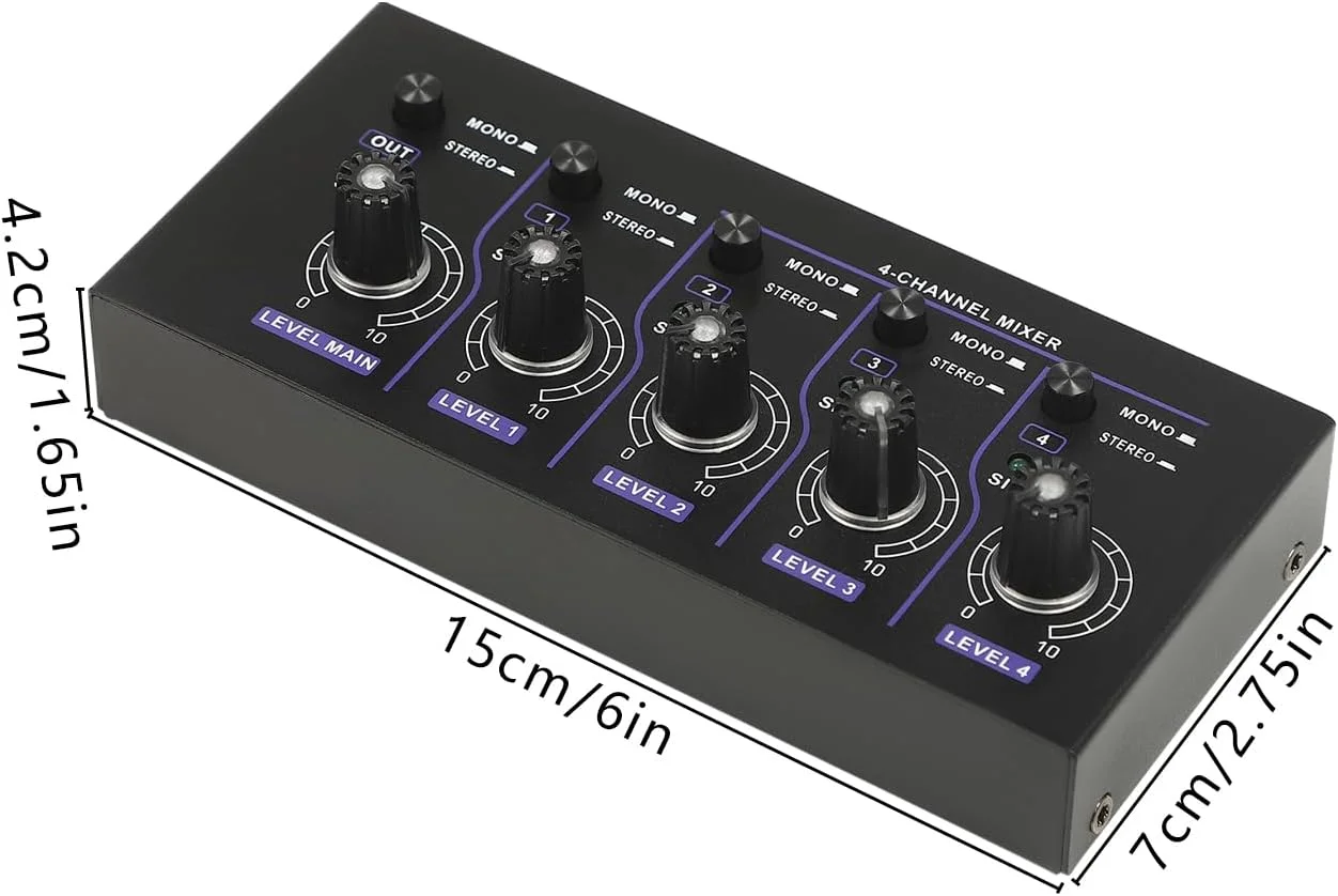 میکسر صوتی 4 کاناله با دکمه جلوه نور RGB، میکسر صوتی مینی قابل حمل با نویز کم، میکسر استریو صوتی استودیویی جمع و جور برای میکروفون/گیتار/باس/کیبورد