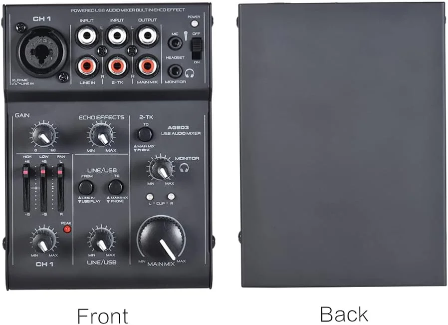 میکسر صوتی 5 کاناله مینی Mic-Line AGE03 با رابط USB و افکت اکو داخلی، شبکه DJ تقویت شده USB برای ضبط، پخش زنده و کارائوکه