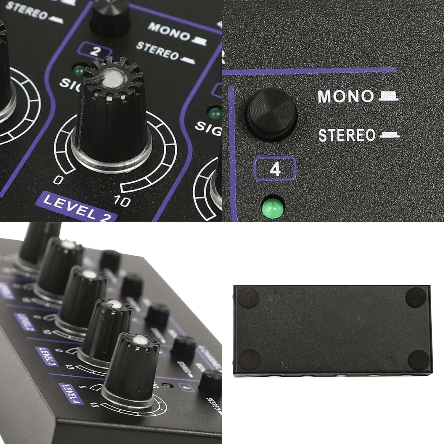 میکسر صوتی 4 کاناله با دکمه جلوه نور RGB، میکسر صوتی مینی قابل حمل با نویز کم، میکسر استریو صوتی استودیویی جمع و جور برای میکروفون/گیتار/باس/کیبورد