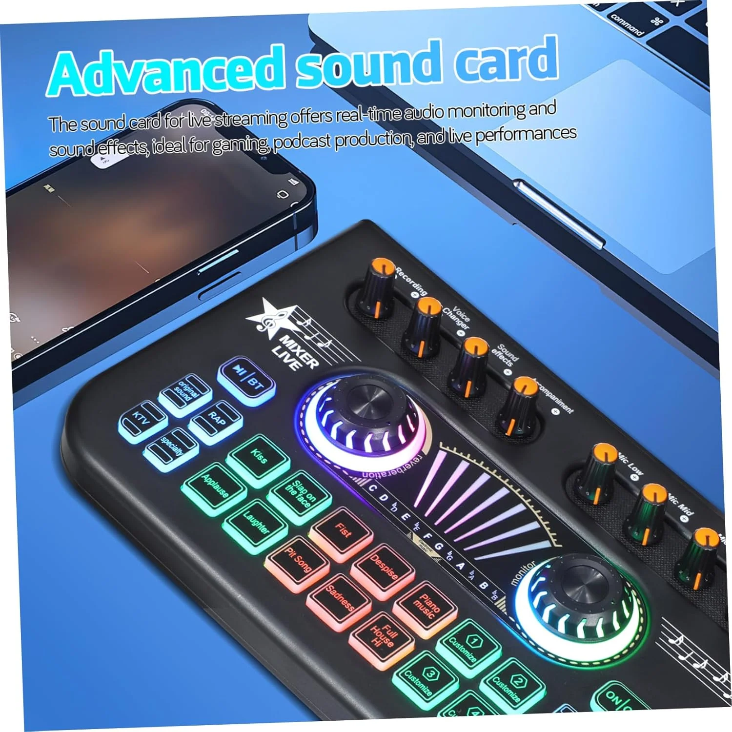 میکسر صوتی DJ ibasenice با میکروفون و کارت صدای زنده، تجهیزات حرفه ای استریم پادکست برای ضبط زنده آواز و جلوه های صوتی بلادرنگ