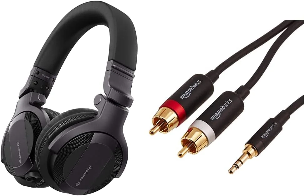 هدفون دی‌جی پایونیر HDJ-CUE1، مشکی و کابل صوتی آمازون بیسیکس PBH-19823 RCA، جک 3.5 میلی‌متری به 2 x RCA، 4.57 متر