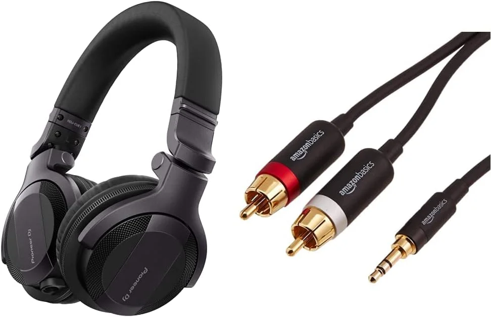 هدفون دی‌جی پایونیر HDJ-CUE1، مشکی و کابل صوتی آمازون بیسیکس PBH-19821، جک 3.5 میلی‌متری به 2 فیش RCA، 1.2 متر