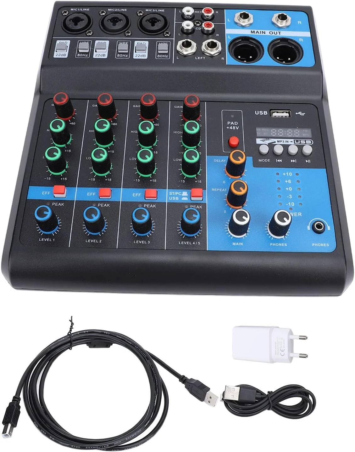 میکسر DJ پنج کاناله SEAFRONT با پخش BT، سازگاری USB و افکت های Reverb برای آهنگ های خانگی، تولید موسیقی و موارد دیگر 100-240 ولت (دوشاخه EU)
