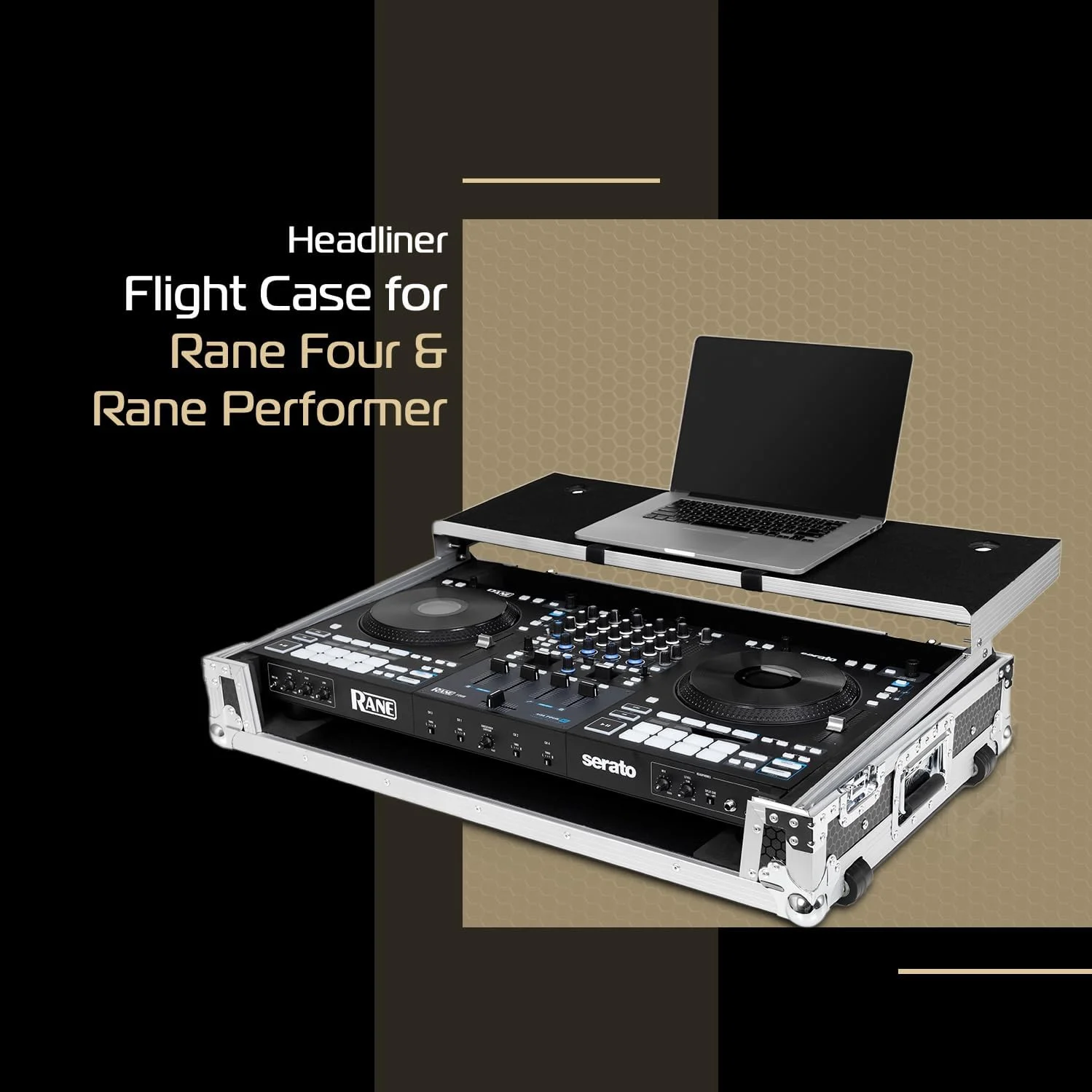 کیف حمل سفارشی Headliner Flight با جایگاه لپ‌تاپ و چرخ، سازگار با کنترلر DJ مدل Rane Four، کیف جاده‌ای تجهیزات DJ