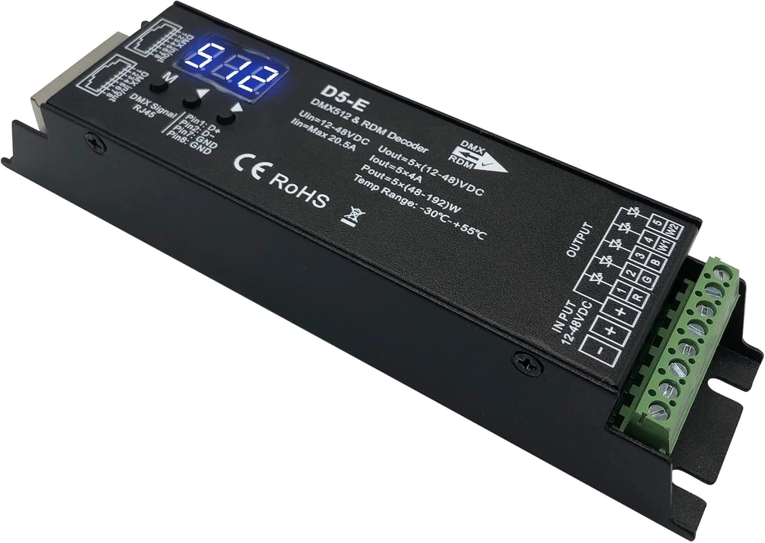 رمزگشای 5 کاناله DMX با نمایشگر دیجیتال RDM، دیمر DMX512، کنترلر PWM RGBCCT LED برای RGBWW RGBW یا نوارهای نوری سفید 5 گروهی، ورودی نور ماژول LED، 12 ولت - 48 ولت DC