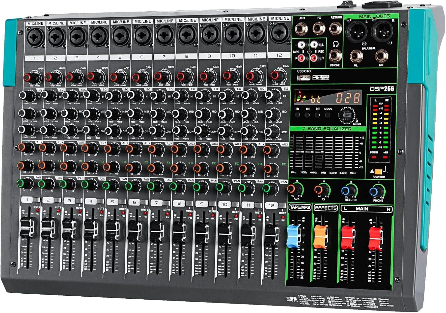 میکسر حرفه ای 12 کانال Depusheng PA12 DJ با 256 افکت DSP، ورودی بلوتوث، پخش کننده USB، فانتوم پاور 48 ولت