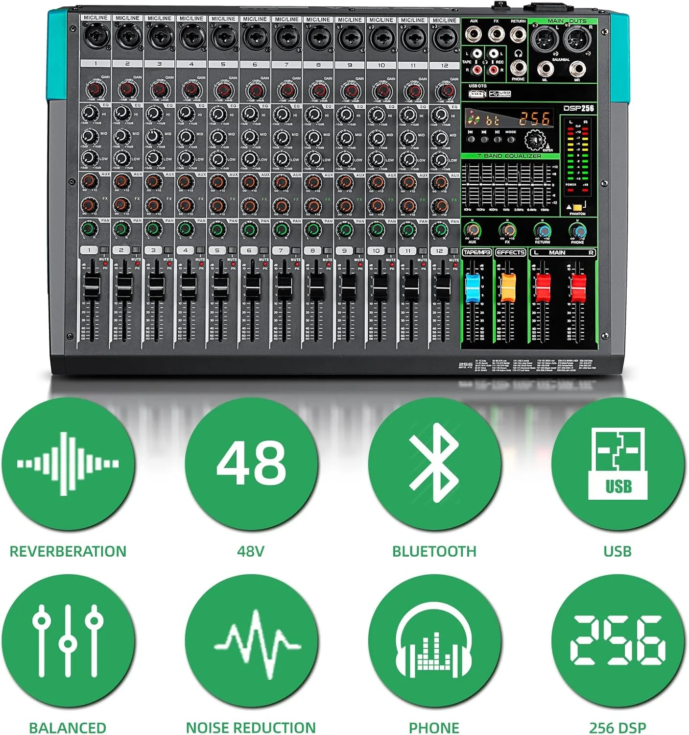 میکسر حرفه ای 12 کانال Depusheng PA12 DJ با 256 افکت DSP، ورودی بلوتوث، پخش کننده USB، فانتوم پاور 48 ولت