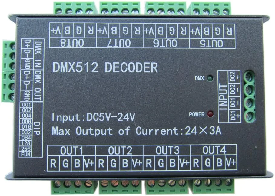 کنترلر DMX512 با 24 کانال RGB، 3 آمپر در هر کانال، دیمر LED، 500 هرتز بدون پرش، دیمینگ نرم‌تر، نشانگر سیگنال DMX، عملکرد چشمک زن، DC 5V-24V