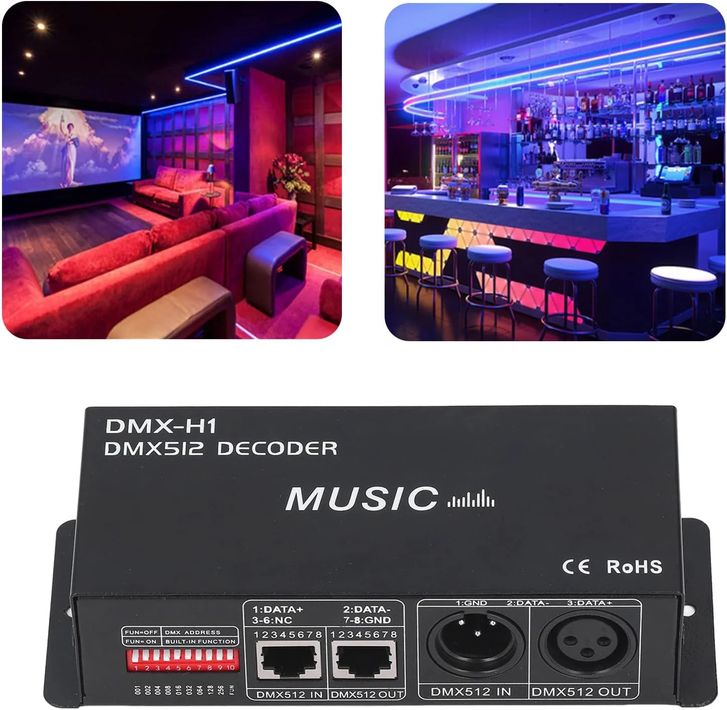 رمزگشای 4 کاناله DMX-512، کنترلر رمزگشای LED مدل DMX-512، کنترلر رمزگشای LED کم نور RGB قابل تنظیم برای بارها، هتل ها، کافه ها (8 آمپر در هر کانال)