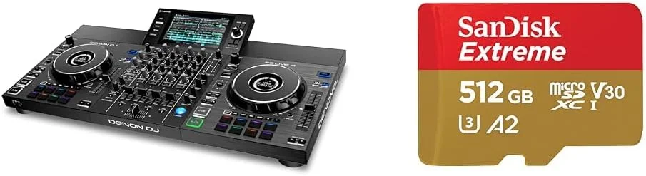 Denon DJ SC LIVE 4 - کنترلر دی جی مستقل، میکسر 4 کاناله و کارت حافظه SanDisk Extreme microSDXC UHS-I با ظرفیت 512 گیگابایت + آداپتور