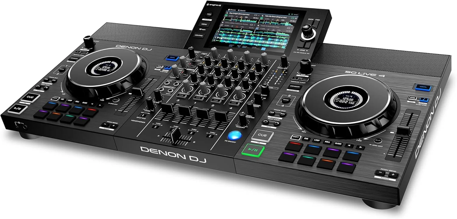 Denon DJ SC LIVE 4 - کنترلر دی جی مستقل، میکسر 4 کاناله و کارت حافظه SanDisk Extreme microSDXC UHS-I با ظرفیت 512 گیگابایت + آداپتور