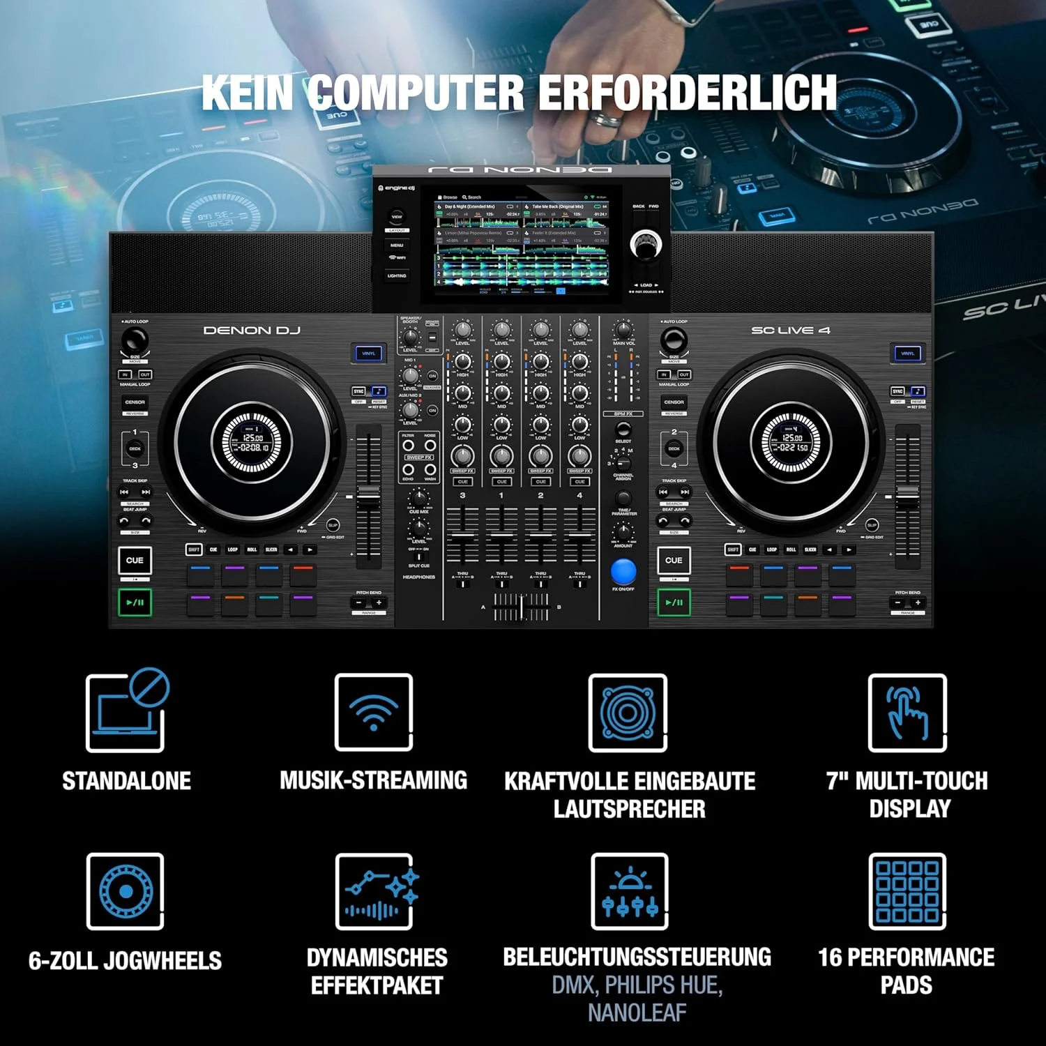 Denon DJ SC LIVE 4 - کنترلر دی جی مستقل، میکسر 4 کاناله و کارت حافظه SanDisk Extreme microSDXC UHS-I با ظرفیت 512 گیگابایت + آداپتور
