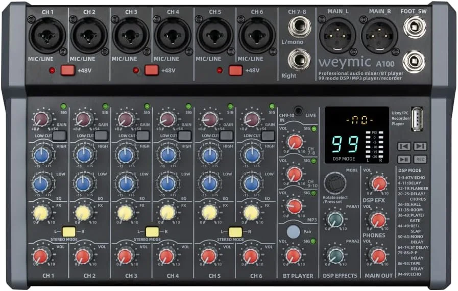 میکسر حرفه ای سری A برای ضبط DJ، استیج، کاربرد موسیقی کارائوکه با درگاه USB برای ورودی ضبط کامپیوتر، اتصال میکروفون XLR، توان 48 ولت، خروجی RCA برای