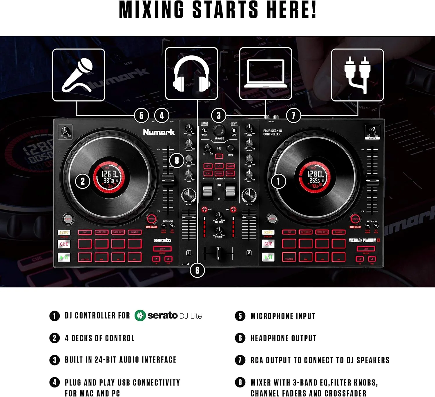 Numark Mixtrack Platinum FX + Numark HF125 – کنترلر دی جی برای Serato DJ با کنترل 4-دک + هدفون حرفه ای دی جی با کابل 2 متری و بلندگوهای 40 میلی متری