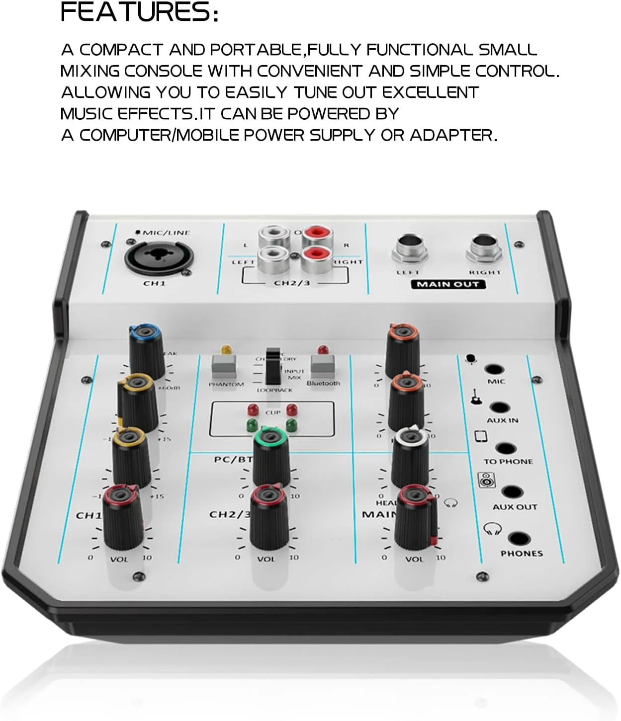 میکسر صدای حرفه ای 3 کاناله، کنسول میکس قابل حمل و جمع و جور با فانتوم پاور 48 ولت، اتصالات XLR 6.35 میلی متری و 3.5 میلی متری برای ضبط استودیویی خانگی، دی جی و پخش زنده