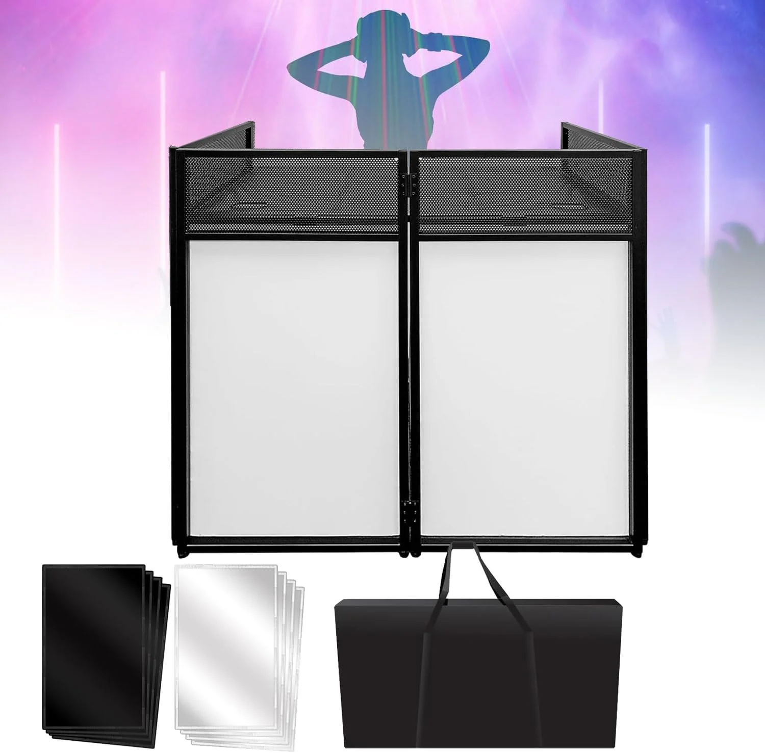 میز DJ-Disco-Stand-Mixer-Regal، کابین DJ-Event قابل حمل، میز نمایشگر تاشو 40 * 40 * 20 اینچی با پارچه سفید و مشکی، کیف حمل پد دار، میز DJ با قاب فلزی