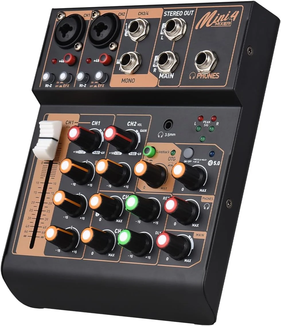 میکسر صوتی قابل حمل 4 کاناله DJ، کنسول میکسر صدا کوچک با USB BT، فانتوم پاور 48 ولت، اکولایزر 3 باندی، دکمه Loopback، کنسول صوتی برای اجراهای زنده، استودیو، مهمانی