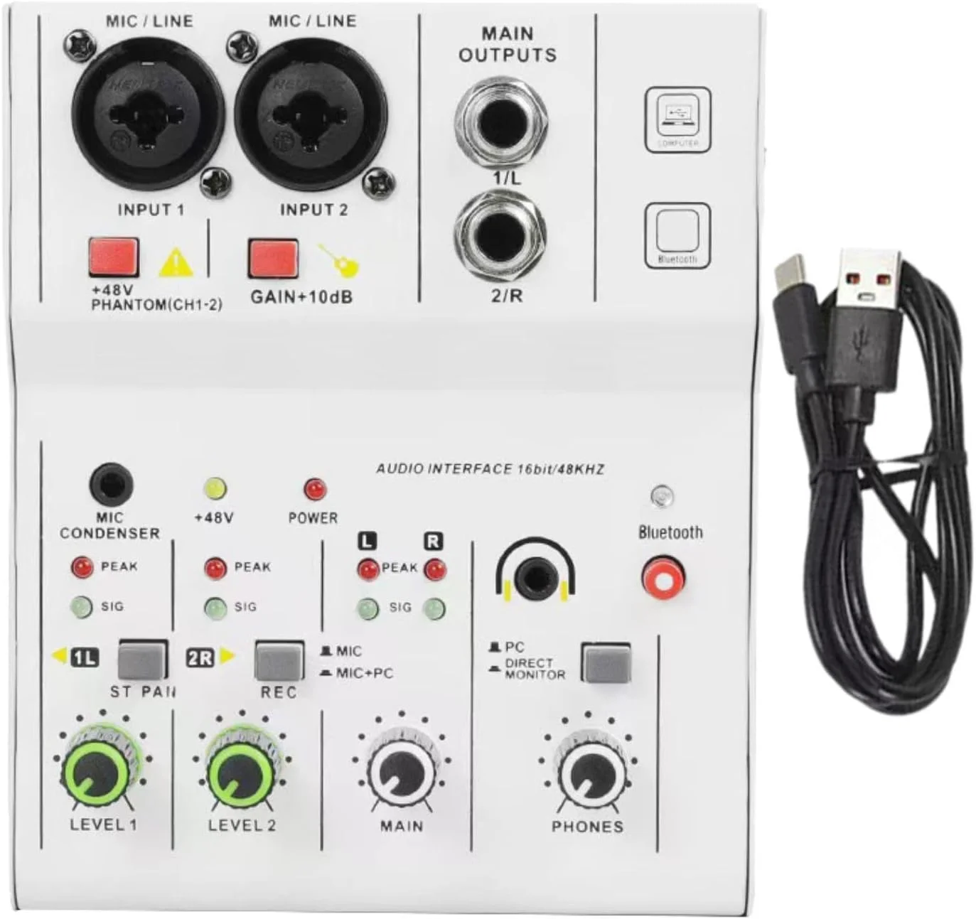 میکسر صوتی 2 کاناله، میکسر صدای جمع و جور، قابل حمل و حرفه ای برای ضبط استودیویی و آواز، سفید